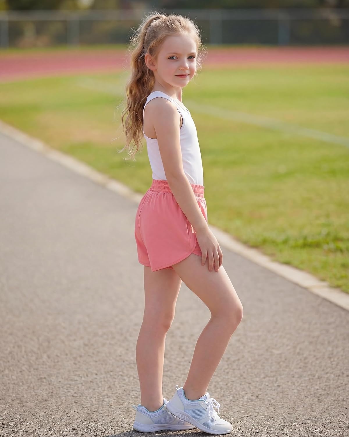Stelle Girl Athletic Shorts with Zipper Pockets Elastic Waist Running Short(Coral)