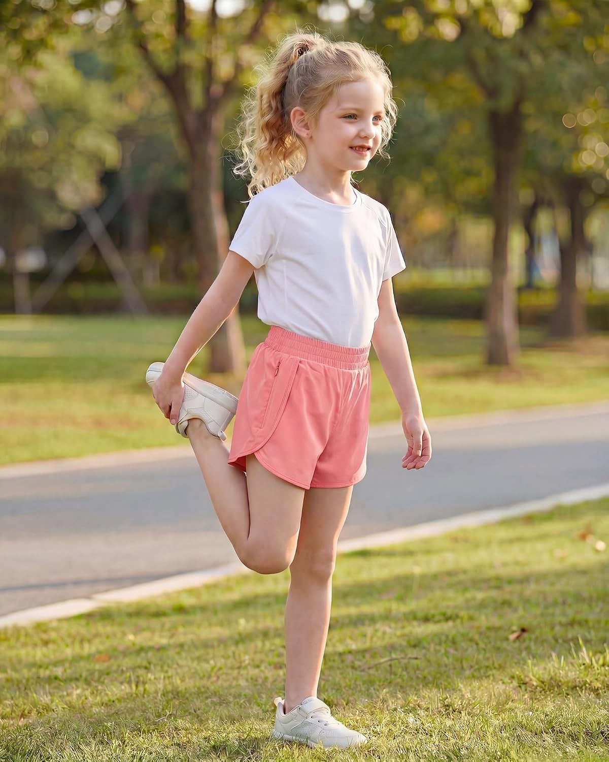 Stelle Girl Athletic Shorts with Zipper Pockets Elastic Waist Running Short(Coral)