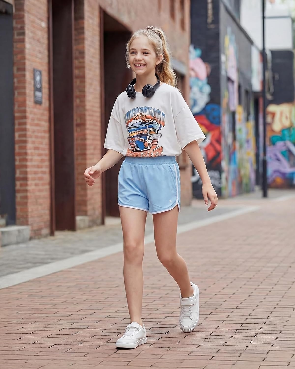 Stelle Girls Athletic Shorts with Pockets Quick Dry Running Shorts Gymnastics Basketball Short for Teen Kids(Sky Blue)