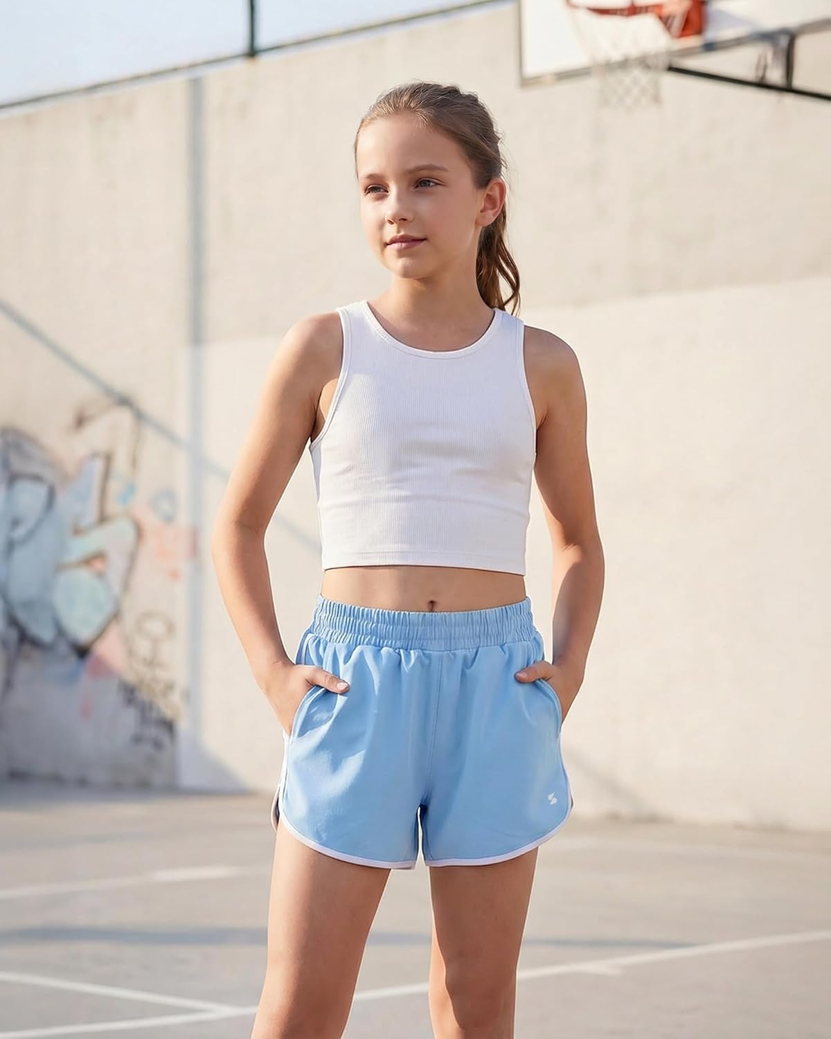 Stelle Girls Athletic Shorts with Pockets Quick Dry Running Shorts Gymnastics Basketball Short for Teen Kids(Sky Blue)