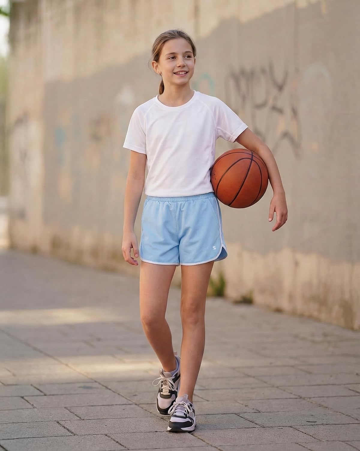 Stelle Girls Athletic Shorts with Pockets Quick Dry Running Shorts Gymnastics Basketball Short for Teen Kids(Sky Blue)