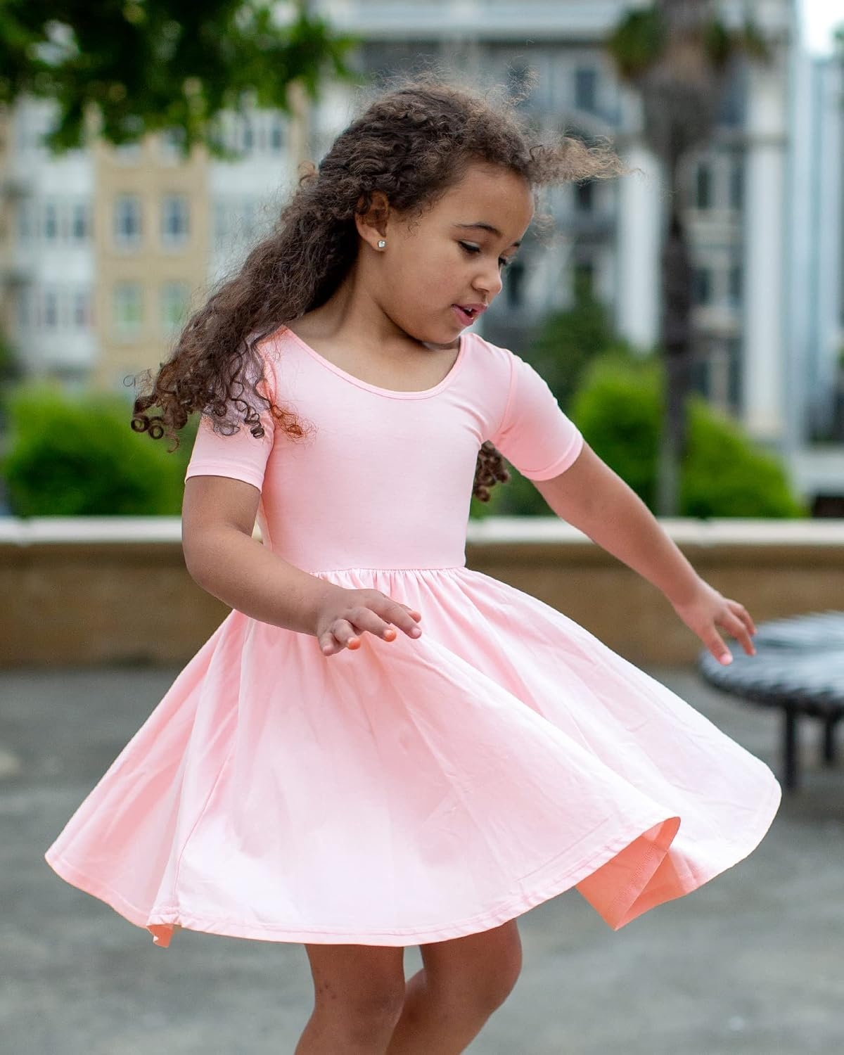 Stelle Girls Cotton Short Sleeve Twirl Skater Dress 3T-12Y | Twirl-Friendly Skirt, A Line,Criss Cross Back,Dress for School,Dance,Playwear,Casual,Active,Soft Stretch Breathable Comfy(A02-pink (Without Pocket))