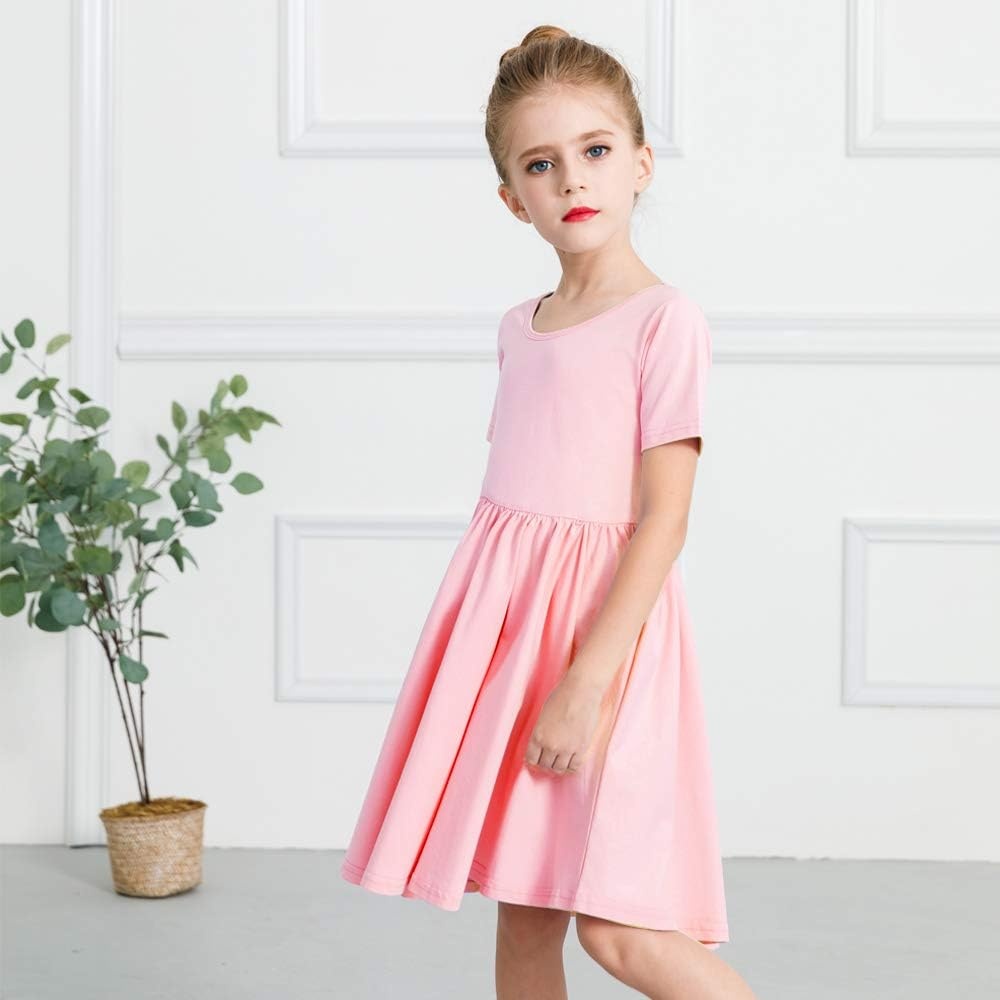 Stelle Girls Cotton Short Sleeve Twirl Skater Dress 3T-12Y | Twirl-Friendly Skirt, A Line,Criss Cross Back,Dress for School,Dance,Playwear,Casual,Active,Soft Stretch Breathable Comfy(A02-pink (Without Pocket))