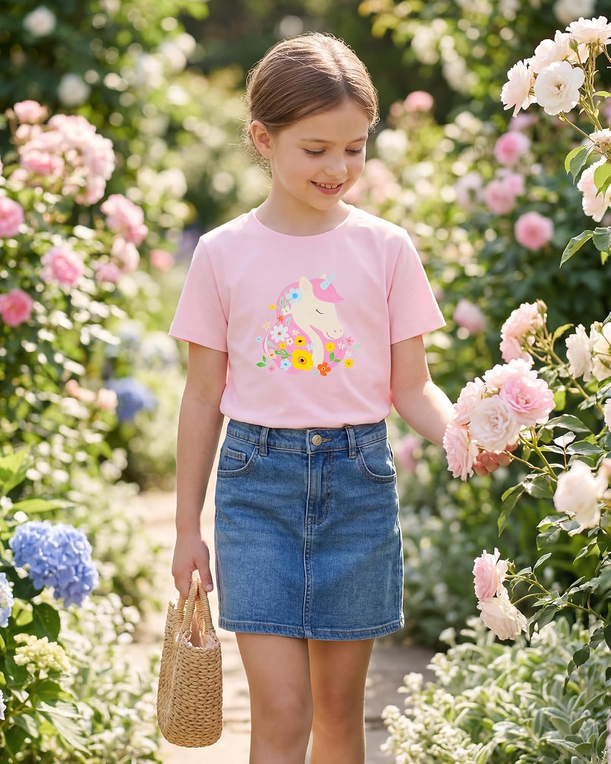 Stelle Girls T Shirts Graphic Tees Short Sleeve Tshirts Crewneck Cute Summer Casual Basic Tops for Kids Teen 4-15 Years(Lilac Unicorn|pink)