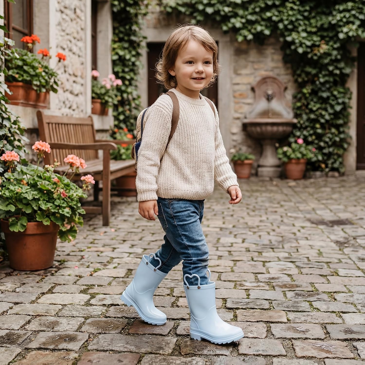 Stelle Girls Waterproof Rain Boots with Easy-On Handles | Girls & Boys Lightweight Cute Heart Handles Non-Slip Sole Rain Puddle Outdoor Play for Toddler to Kids(Light Blue)