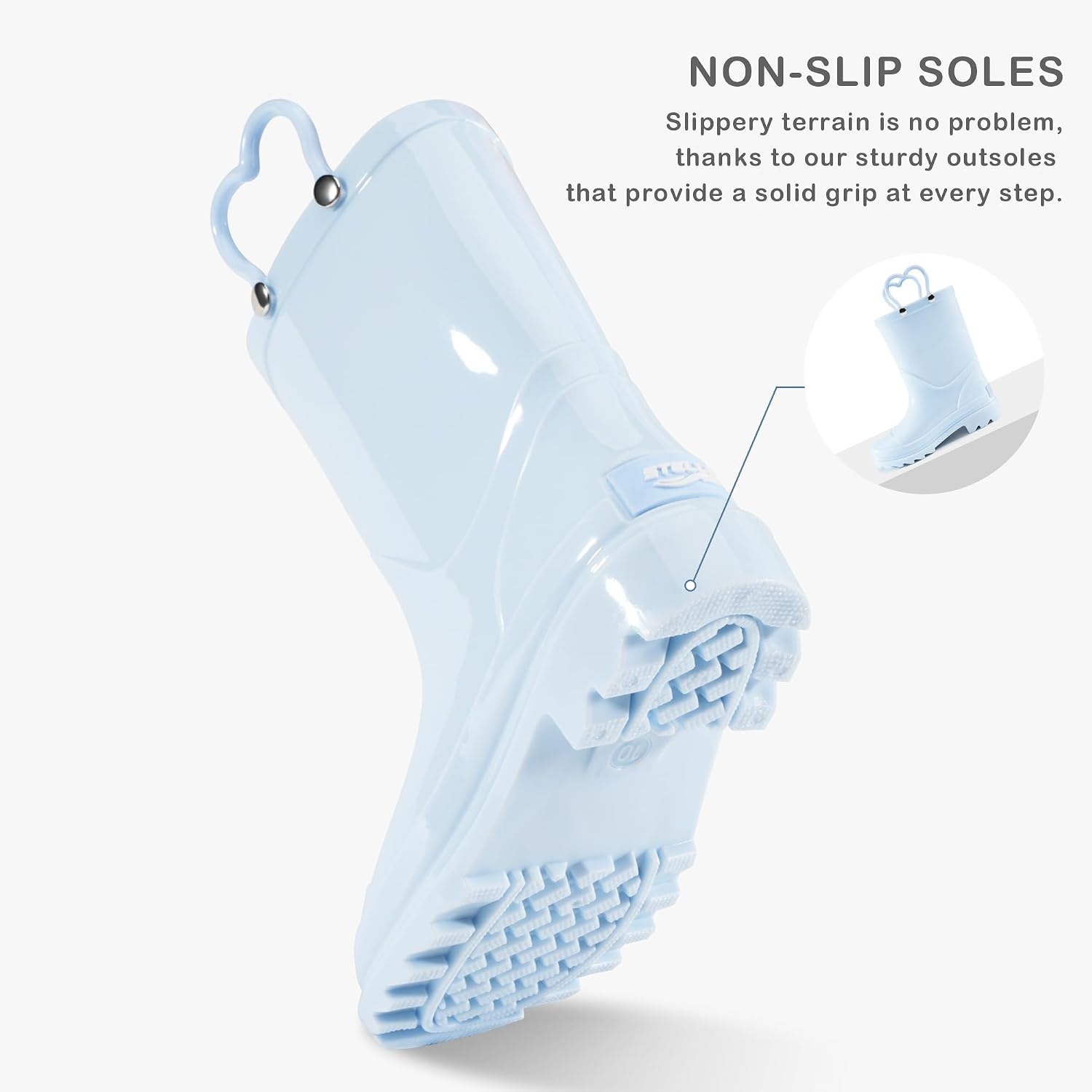 Stelle Girls Waterproof Rain Boots with Easy-On Handles | Girls & Boys Lightweight Cute Heart Handles Non-Slip Sole Rain Puddle Outdoor Play for Toddler to Kids(Light Blue)