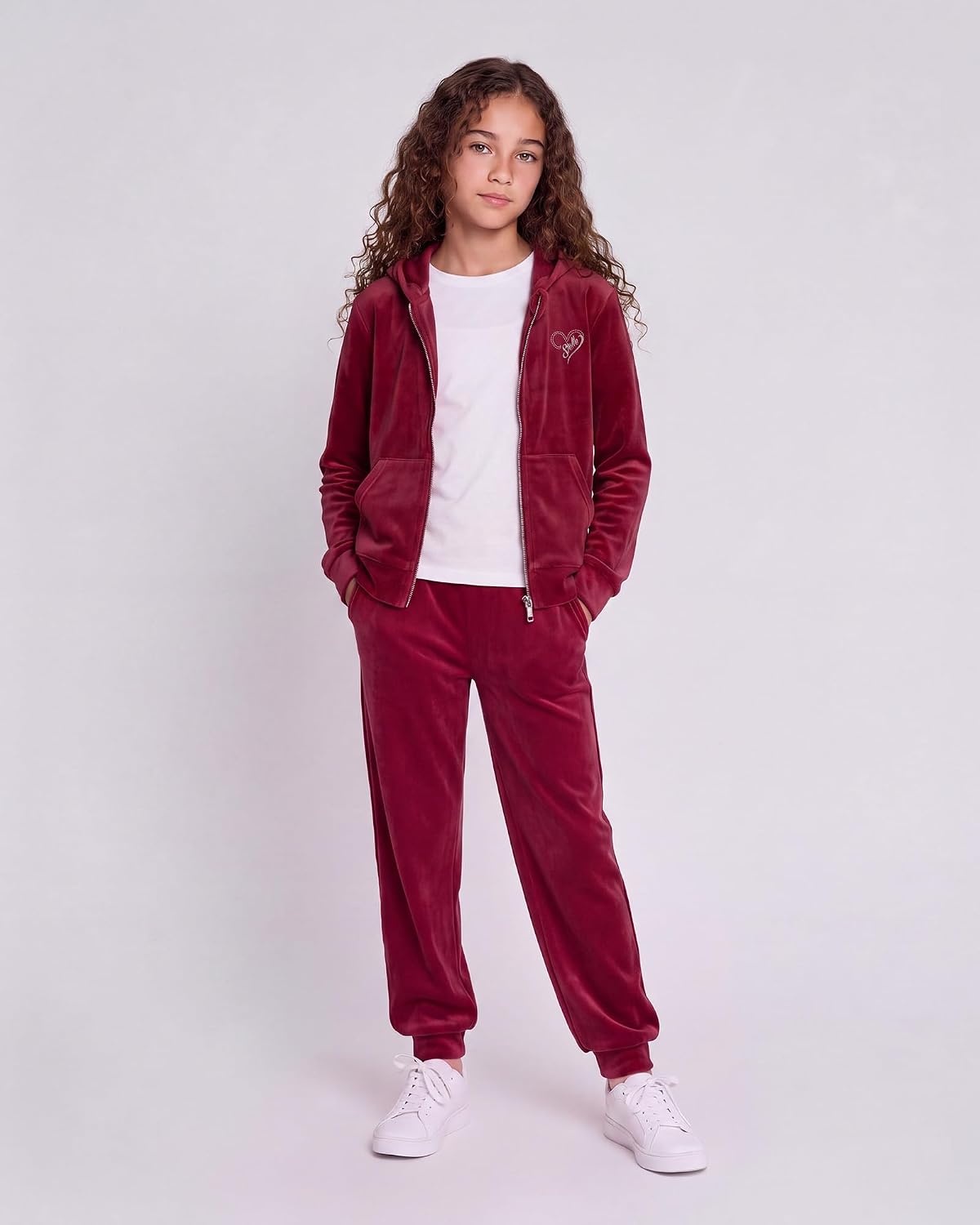 Stelle Girls Velour Tracksuits Zip Up Hoodies Joggers with Pockets 5-15 Y(Ruby)