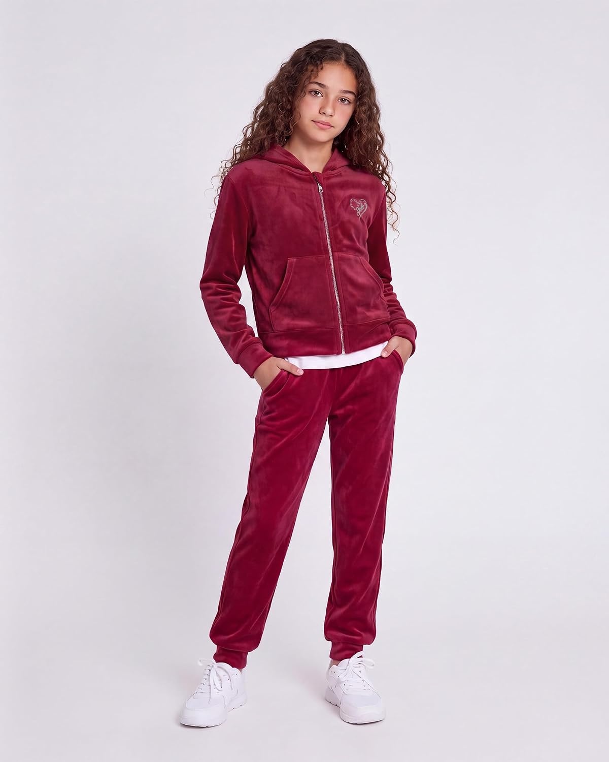 Stelle Girls Velour Tracksuits Zip Up Hoodies Joggers with Pockets 5-15 Y(Ruby)