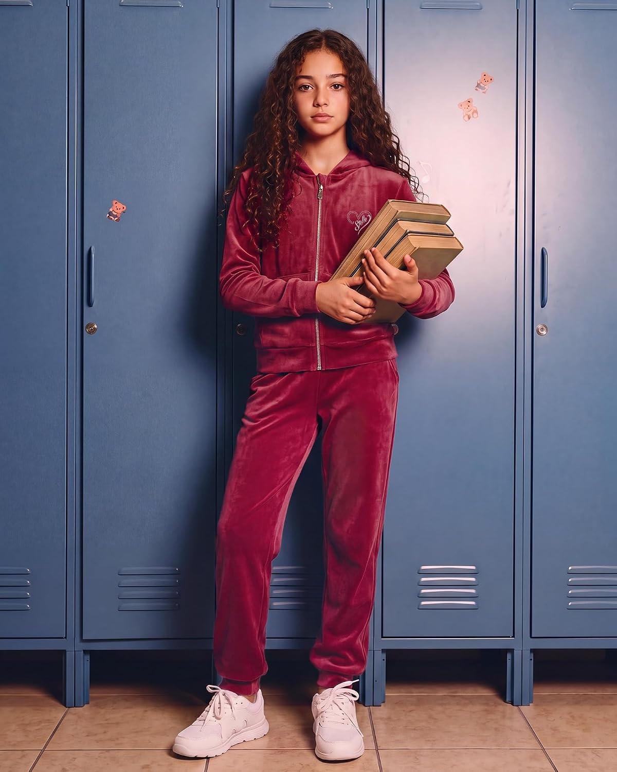 Stelle Girls Velour Tracksuits Zip Up Hoodies Joggers with Pockets 5-15 Y(Ruby)
