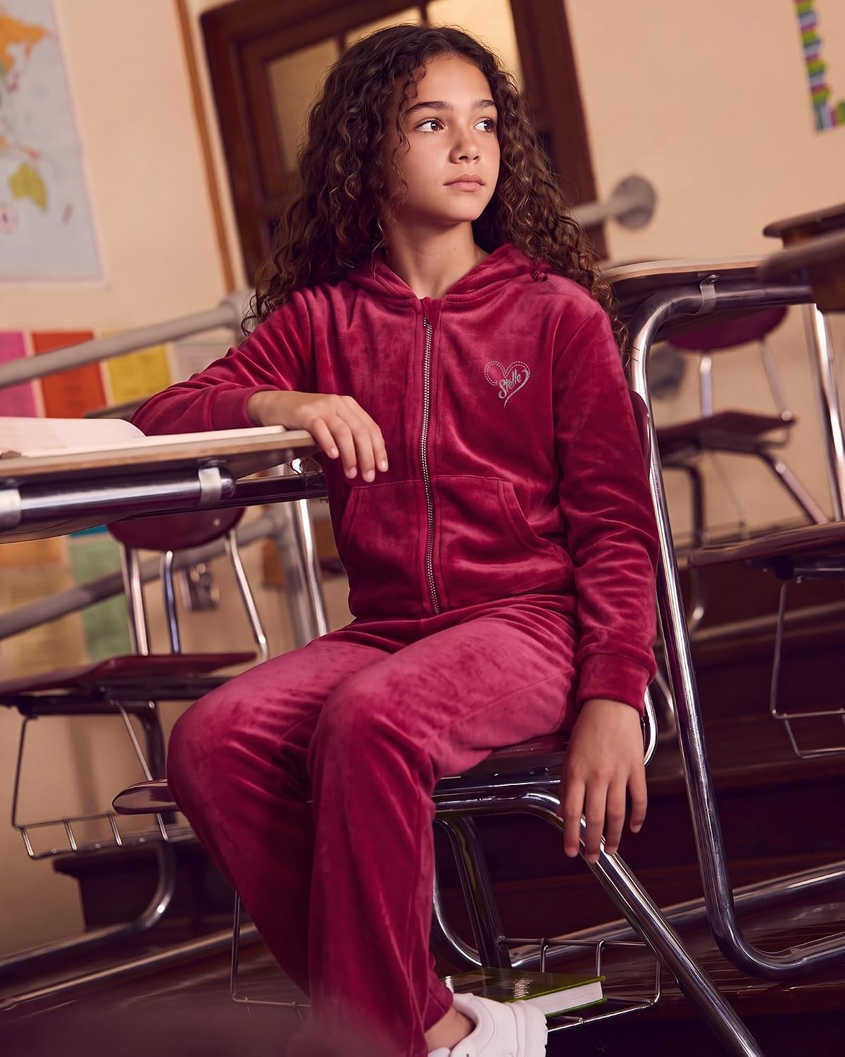 Stelle Girls Velour Tracksuits Zip Up Hoodies Joggers with Pockets 5-15 Y(Ruby)
