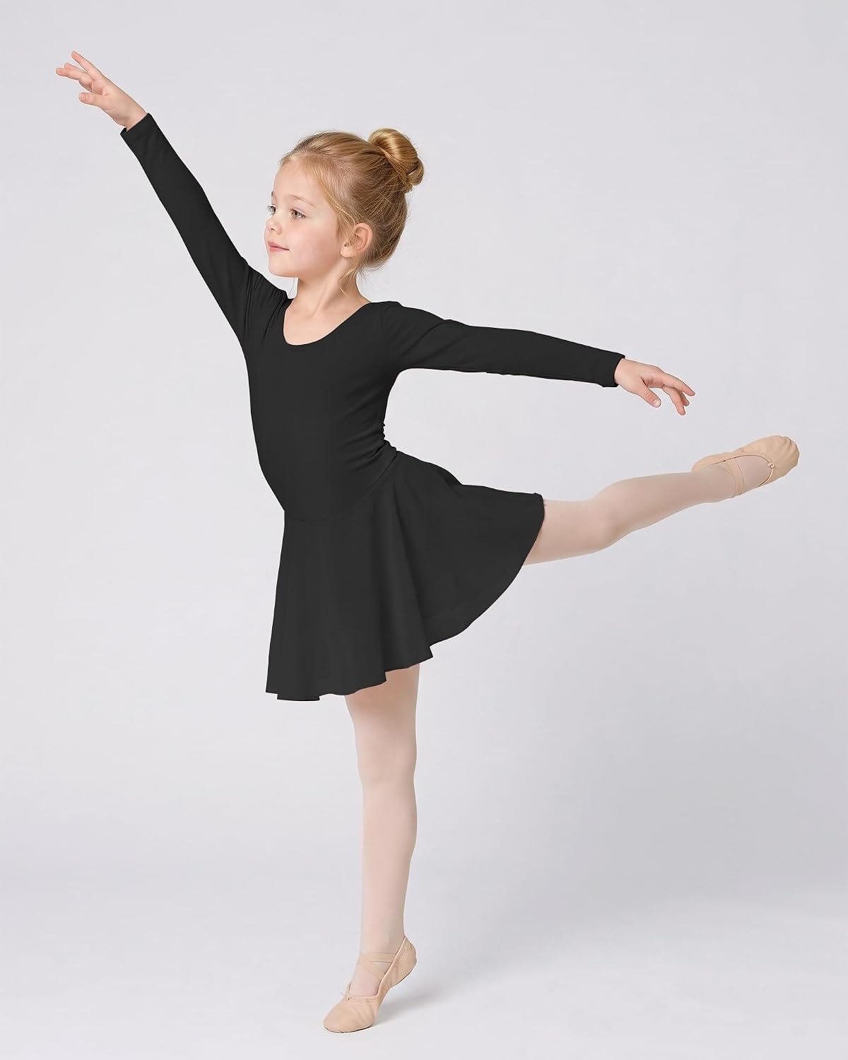 Stelle Girls Long Sleeve Leotard Dress with Footed Tights for Ballet/Dance(Black)