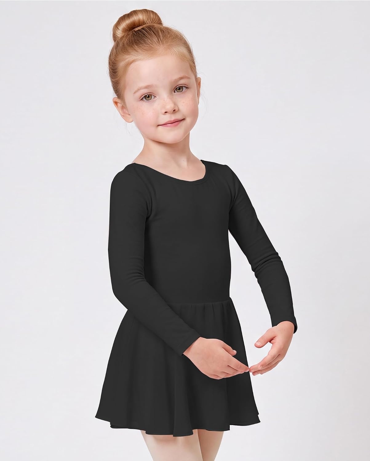 Stelle Girls Long Sleeve Leotard Dress with Footed Tights for Ballet/Dance(Black)