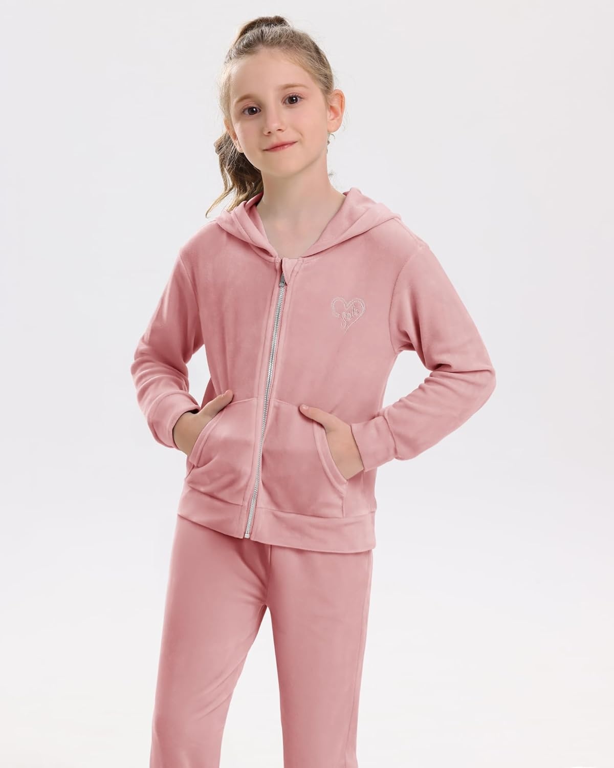 Stelle Girls Velour Tracksuits Zip Up Hoodies Joggers with Pockets 5-15 Y | Sweatshirt with Pockets,Chin Guard,Elastic Waist,Fall Winter Outfits,Holiday,Christmas,Toddler,Little Girl ,Tween,Teen,Preppy(Rose Clay)