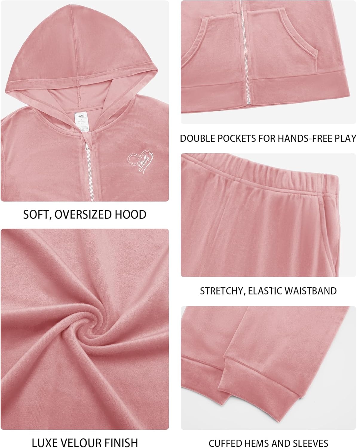 Stelle Girls Velour Tracksuits Zip Up Hoodies Joggers with Pockets 5-15 Y | Sweatshirt with Pockets,Chin Guard,Elastic Waist,Fall Winter Outfits,Holiday,Christmas,Toddler,Little Girl ,Tween,Teen,Preppy(Rose Clay)