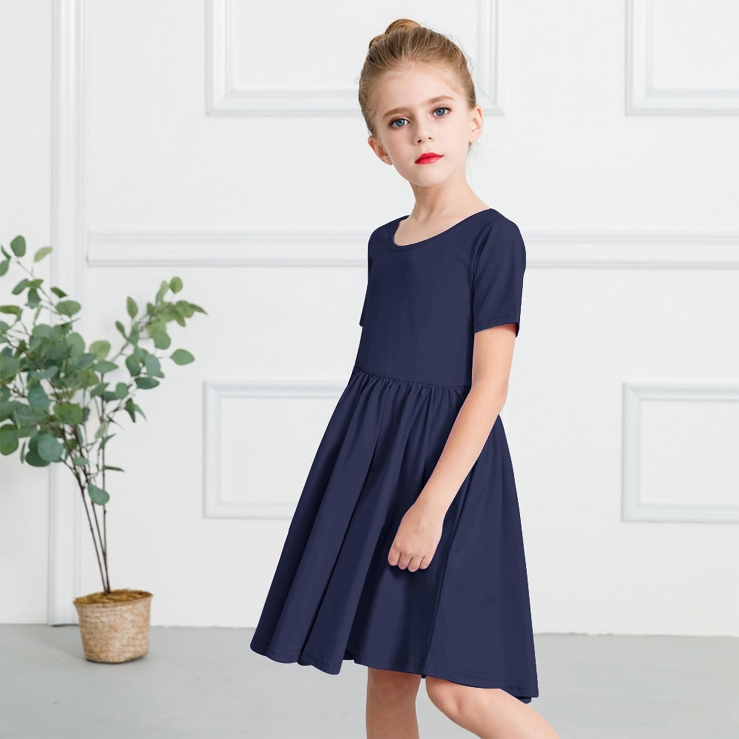 Stelle Girls Cotton Short Sleeve Twirl Skater Dress 3T-12Y | Twirl-Friendly Skirt, A Line,Criss Cross Back,Dress for School,Dance,Playwear,Casual,Active,Soft Stretch Breathable Comfy(A02-navy (Without Pocket))