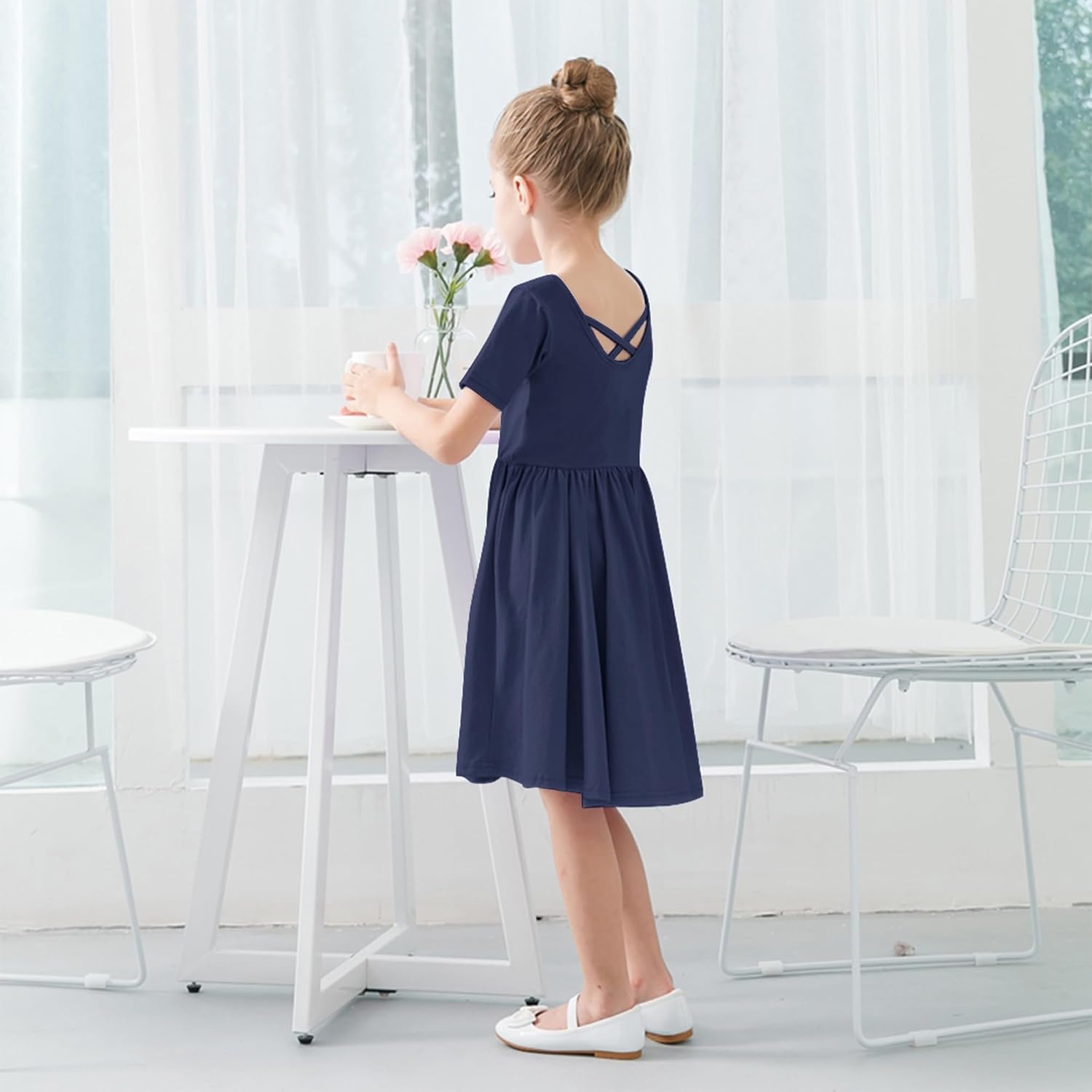 Stelle Girls Cotton Short Sleeve Twirl Skater Dress 3T-12Y | Twirl-Friendly Skirt, A Line,Criss Cross Back,Dress for School,Dance,Playwear,Casual,Active,Soft Stretch Breathable Comfy(A02-navy (Without Pocket))