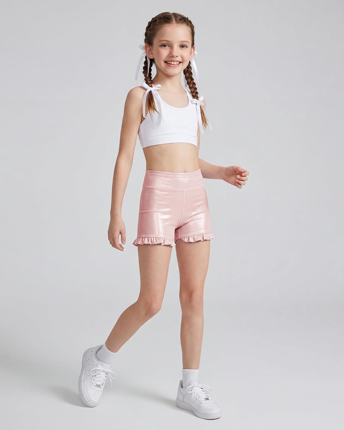 Stelle Girls Dance Shorts Metallic Gymnastics Ruffle Short 6-15 Years | Sparkly Shiny, Stretchy, Comfortable, Cheer, Dancewear, Athletic, Birthday Party, Kids, Youth, Volleyball(Pink)
