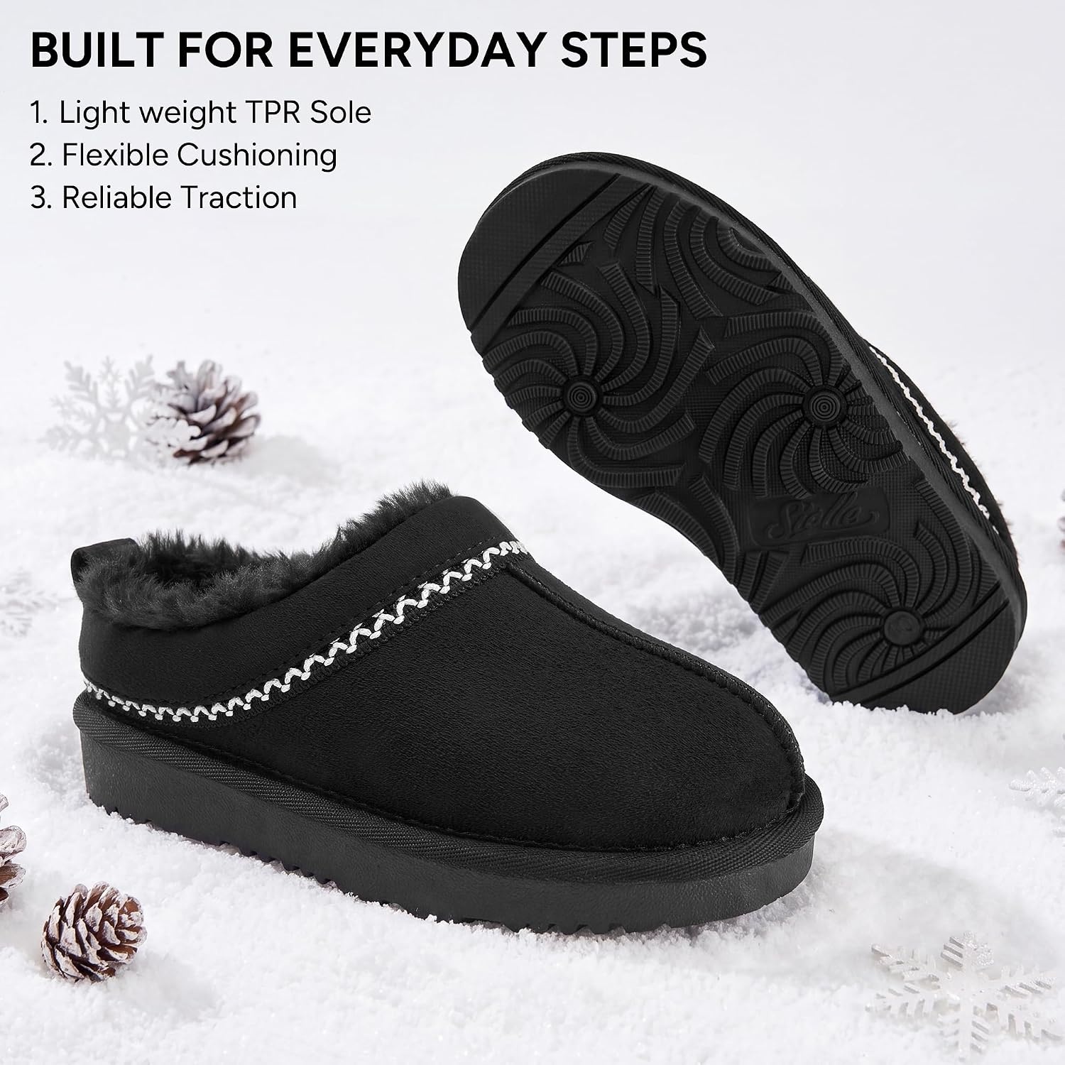 Stelle Girls Slippers Kids Fuzzy House Shoes Slip-On Indoor Outdoor(Black)