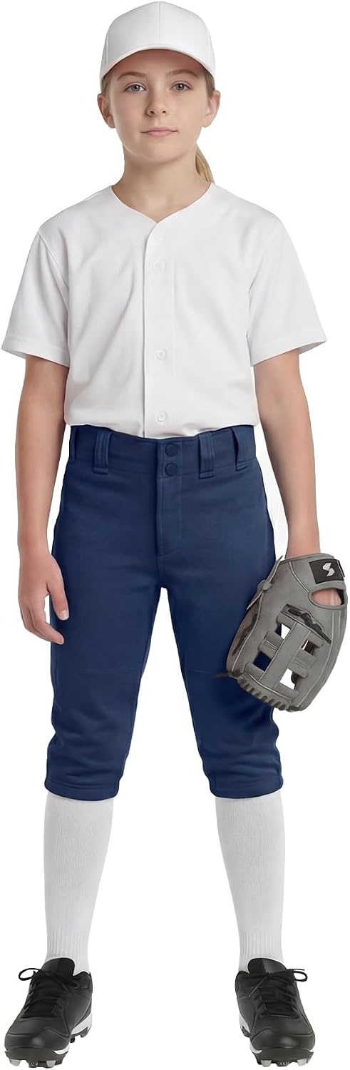Stelle Girls Softball Pants Knickers Style with Pockets for Youth Kids | Knee-high, Fastpitch, Tee Ball, Belt Loops, Double Knee Performance, Durable, Practice, Game Day, Elastic Leg Openings(Navy)