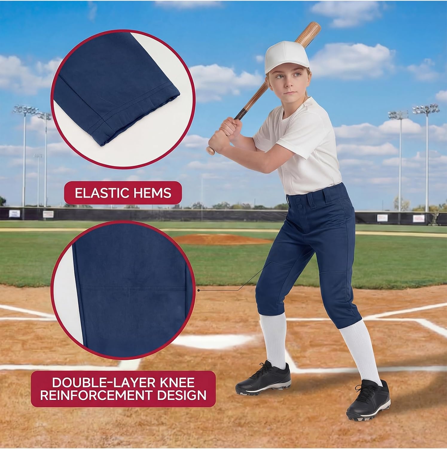 Stelle Girls Softball Pants Knickers Style with Pockets for Youth Kids | Knee-high, Fastpitch, Tee Ball, Belt Loops, Double Knee Performance, Durable, Practice, Game Day, Elastic Leg Openings(Navy)