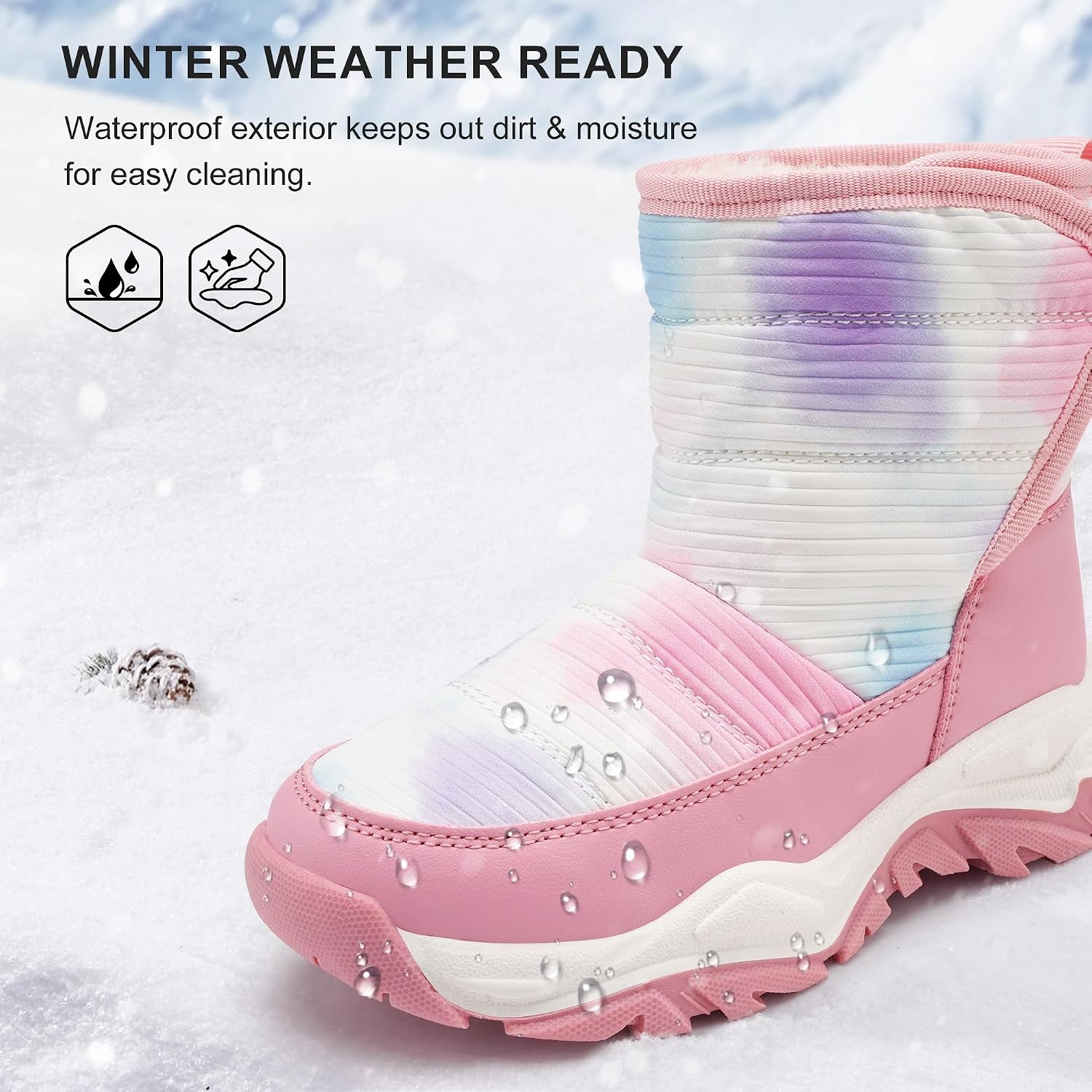Stelle Toddler Snow Boots Girls Lightweight Warm Winter Shoes | Boys Outdoor Sport, Cold Weather, Water Repellent, Soft Faux Fur Lined, Non Slip, Mid Calf, Hook and Loop, Little & Big Kids(Tie Dye Marshmallow)