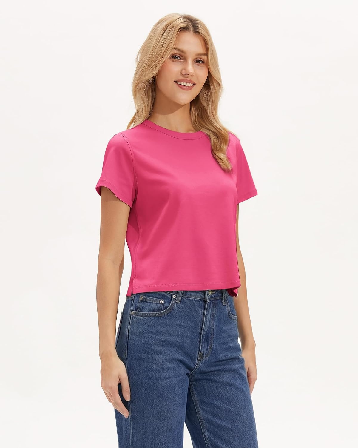 Stelle Women Cotton Blend Tshirts Shirts Boxy Cropped T- Shirts Basic Tees | Relaxed fit, Side slits, Lightweight comfort, Everyday layering, Streetwear, Machine washable, Soft hand feel(Deep Pink)