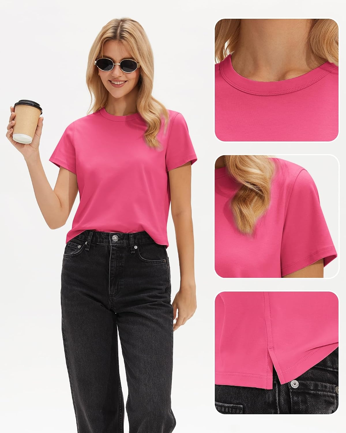 Stelle Women Cotton Blend Tshirts Shirts Boxy Cropped T- Shirts Basic Tees | Relaxed fit, Side slits, Lightweight comfort, Everyday layering, Streetwear, Machine washable, Soft hand feel(Deep Pink)