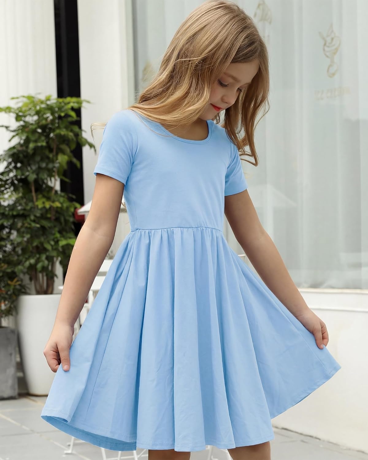 Stelle Girls Cotton Short Sleeve Twirl Skater Dress 3T-12Y(A02-sky Blue (Without Pocket))