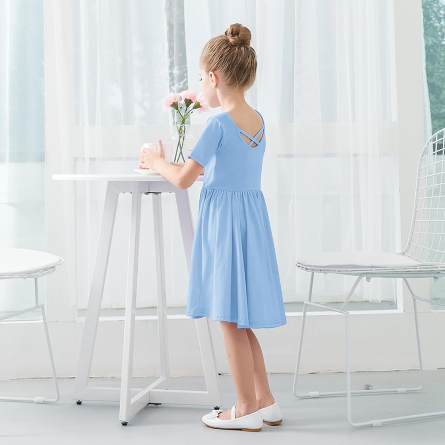 Stelle Girls Cotton Short Sleeve Twirl Skater Dress 3T-12Y(A02-sky Blue (Without Pocket))