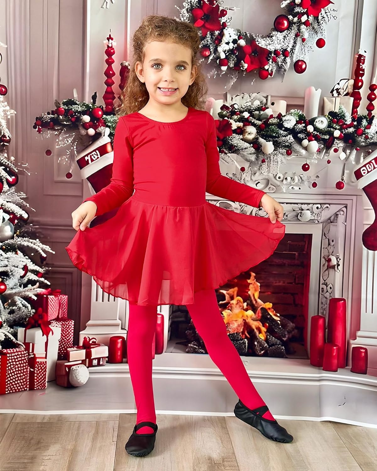 Stelle Ballet Leotards for Girls Long Sleeve Toddler Dance Leotard Outfits | Kids Gymnastics Leotard with Chiffon Skirt, Soft Stretch Fabric, Dance Classes & Recitals, Ballet, Party, Daily Wear(Red)