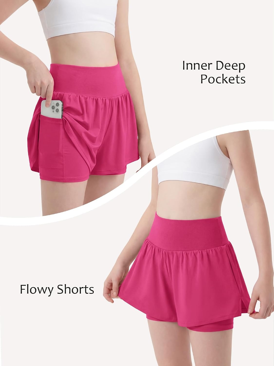 Stelle Girls Athletic Shorts Flowy Running Butterfly Short with Pockets | Lightweight, 2 in 1 Butterfly Design, Built-in Shorts, Inner Pockets, Running, Tennis, Soccer, Dance, Active Wear(Dreamhouse Pink)