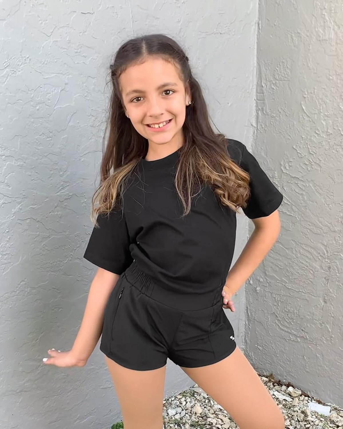 Stelle Girls 2-in-1 Athletic Shorts with Zipper Pockets for Running Sports(A-black)
