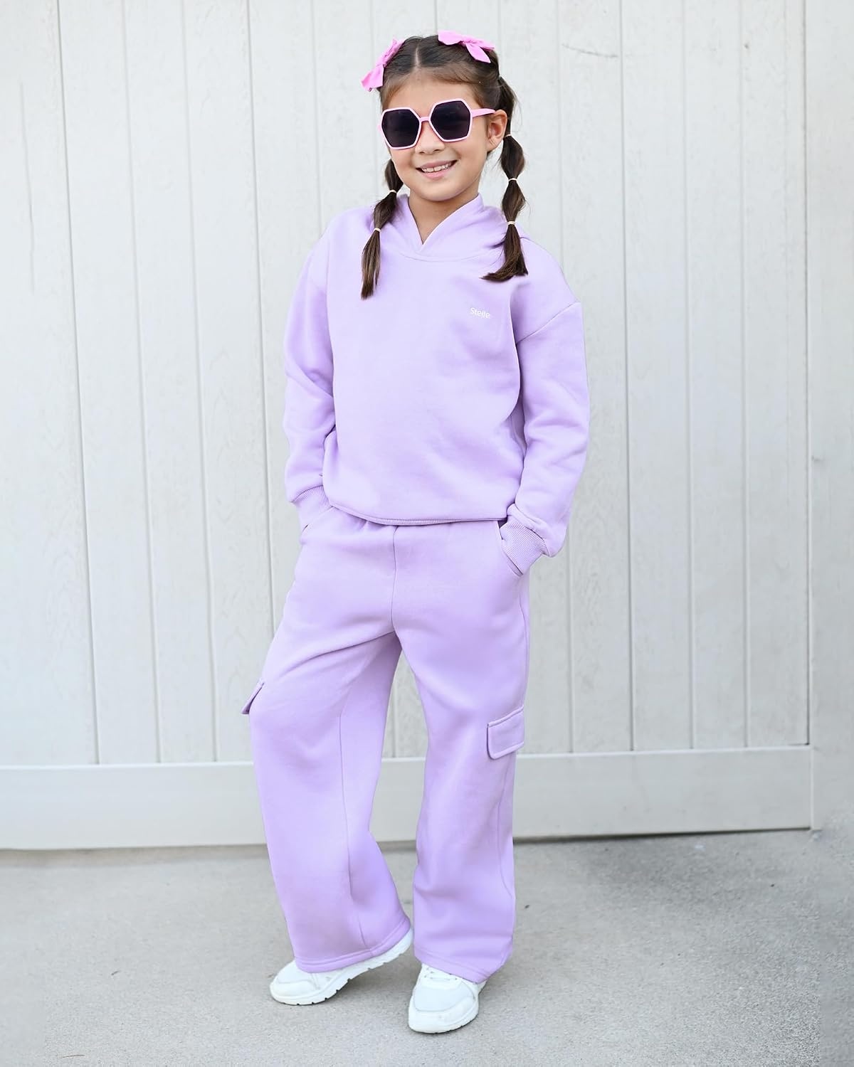 Stelle Girls 2 Pieces Sweatsuit Hoodies Sweatpants Sets 5-15Y | Fleece Lining,Warm Cozy,Solid Color,Easy Matching,Sweatpants with Pockets,Pullover Sweatshirt with Hood,Wide Leg Sweatpant(Light Heather Grey)