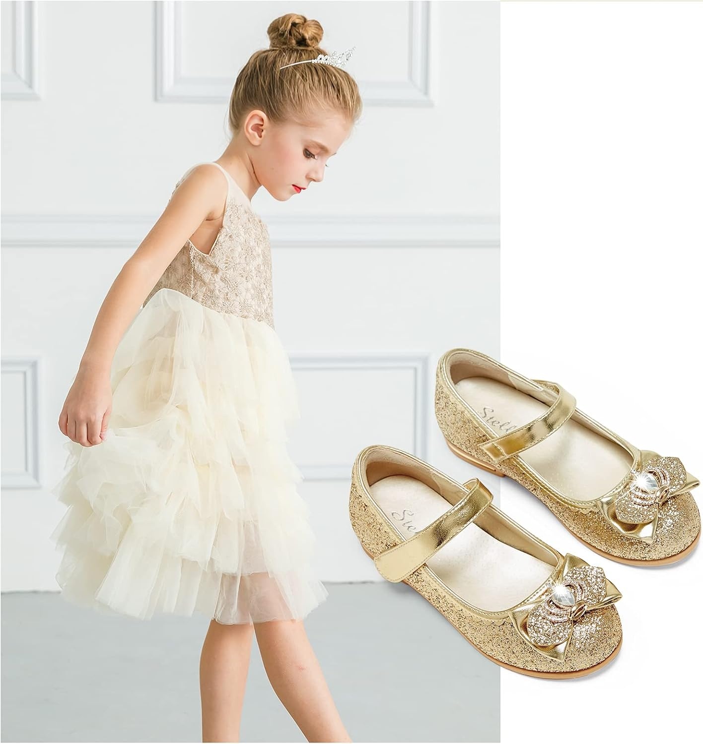 Stelle Girls Dress Shoes Glitter Princess Low Heels for Party Wedding Prom | Shiny glitter finish, Bowknot charms, 1 inch Low Heel, Cushioned comfort, Dress-up, Special occasions, Comfortable fit(T16-gold Glitter)