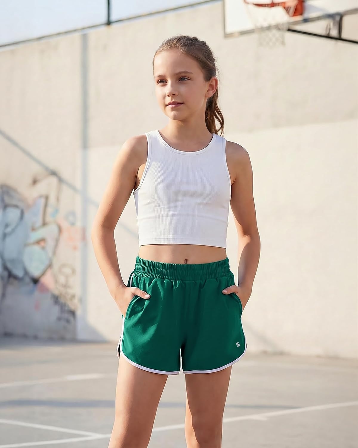 Stelle Girls Athletic Shorts with Pockets Quick Dry Running Shorts for Teen(Evergreen)