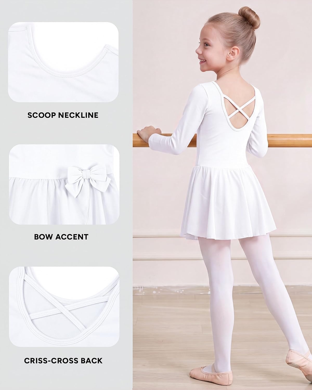 Stelle Ballet Leotards for Girls Long Sleeve Toddler Gymnastics Outfits(White)