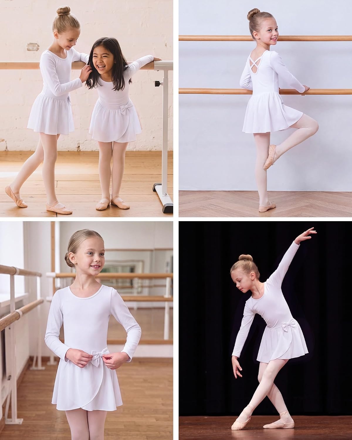Stelle Ballet Leotards for Girls Long Sleeve Toddler Gymnastics Outfits(White)