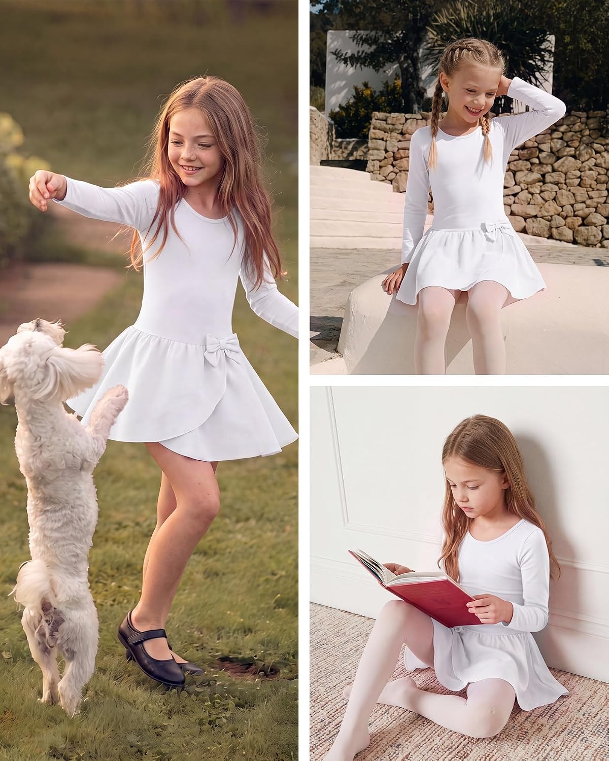 Stelle Ballet Leotards for Girls Long Sleeve Toddler Gymnastics Outfits(White)