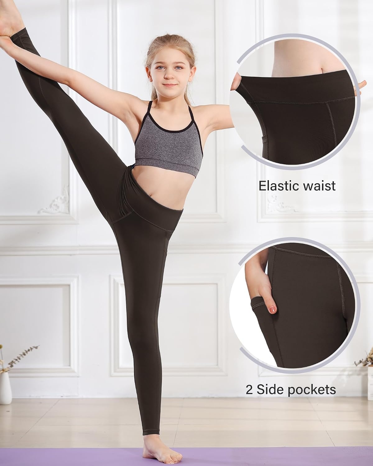 Stelle Girls Leggings with Pockets Kids Dance Yoga Running Athletic Pants(Espresso(2 Side Pocket))