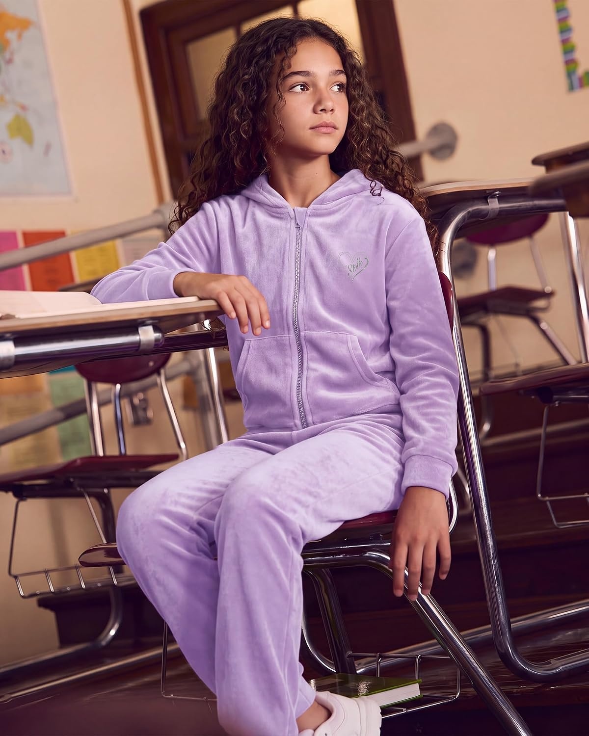 Stelle Girls Velour Tracksuits Zip Up Hoodies Joggers with Pockets 5-15 Y(Lilac)
