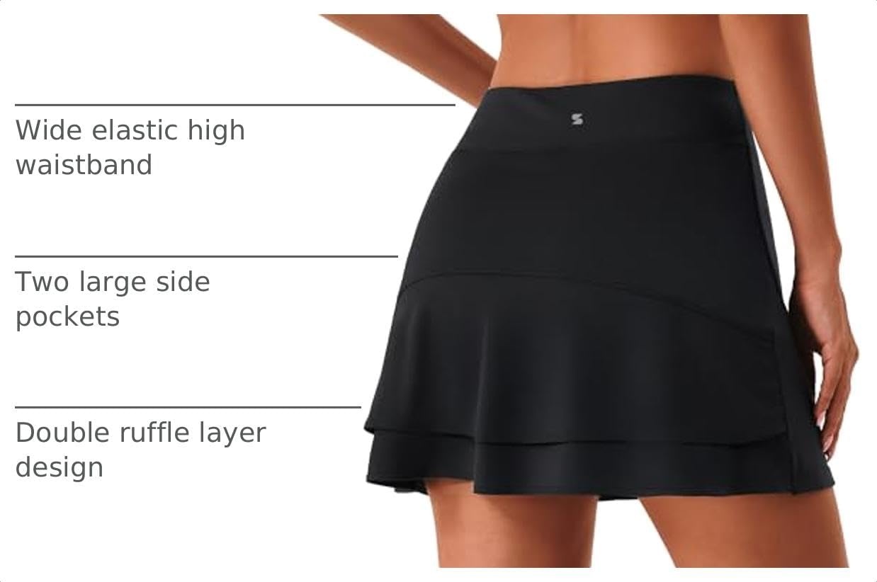 Stelle Tennis Skirts for Women Ruffle Athletic Golf Skorts with Pocket(Black)