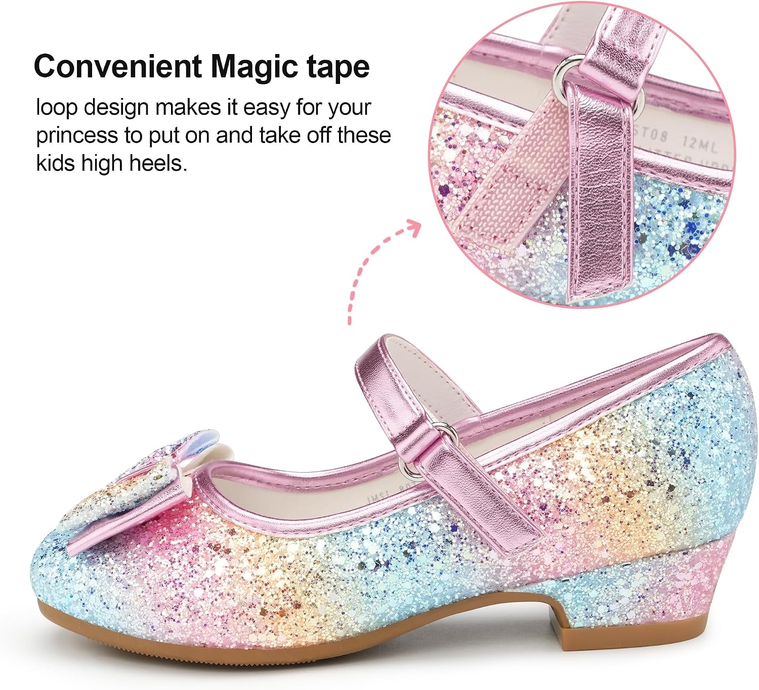 Stelle Girls Dress Shoes Glitter Princess Low Heels for Party Wedding Prom | Shiny glitter finish, Bowknot charms, 1 inch Low Heel, Cushioned comfort, Dress-up, Special occasions, Comfortable fit(T08-prism)