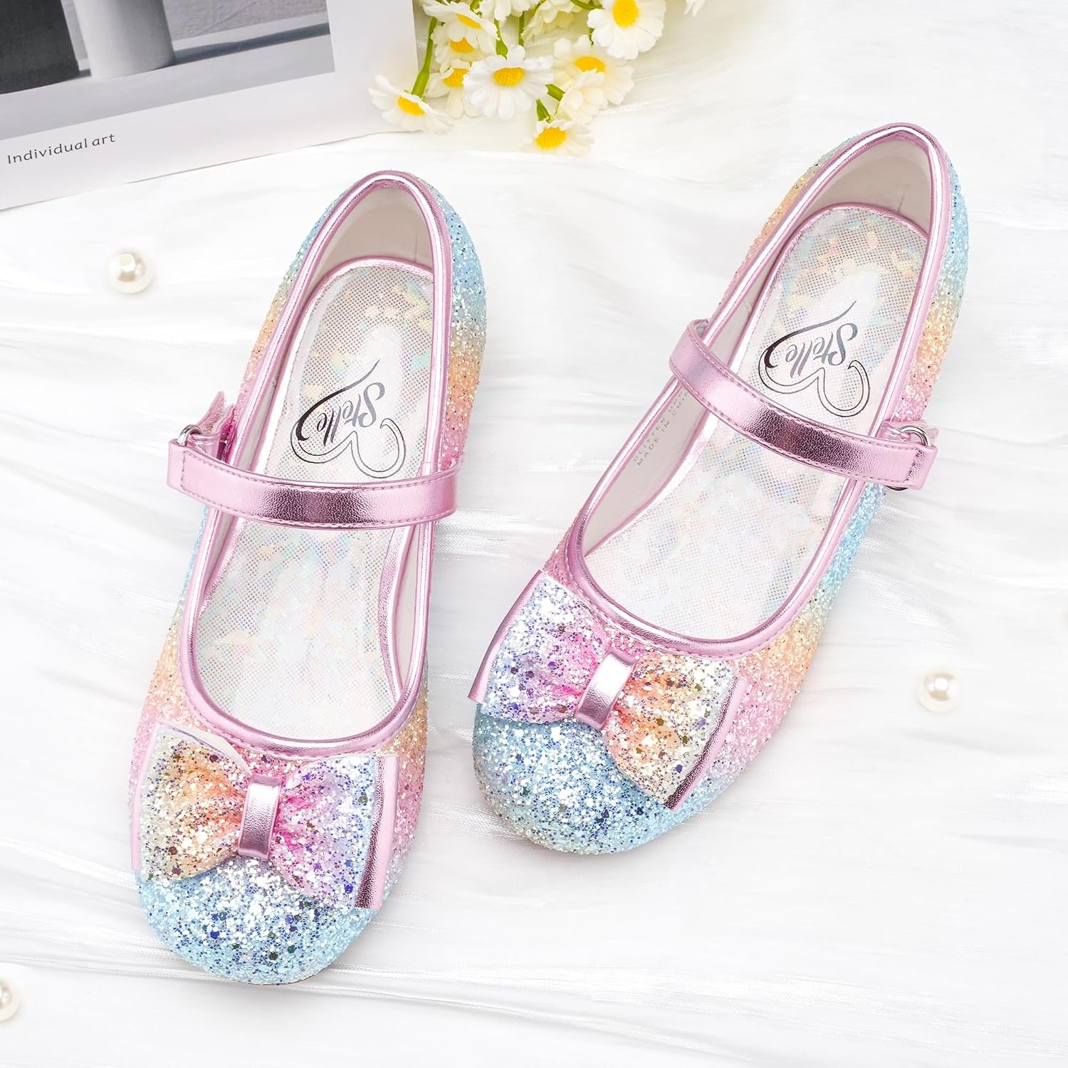 Stelle Girls Dress Shoes Glitter Princess Low Heels for Party Wedding Prom | Shiny glitter finish, Bowknot charms, 1 inch Low Heel, Cushioned comfort, Dress-up, Special occasions, Comfortable fit(T08-prism)