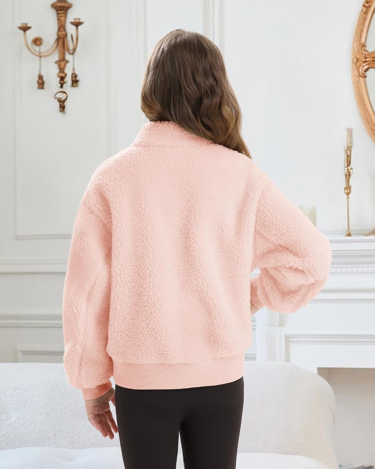 Stelle Girls Sherpa Jacket Fleece Coat Full Zip Outerwear with Pockets | Fuzzy, Fall, Winter, Durable, Warm, Soft, Stretchy, Wind Resistant, Stand-up Collar, Ribbed Elastic Cuffs, Kids Clothes(Pearl Pink)