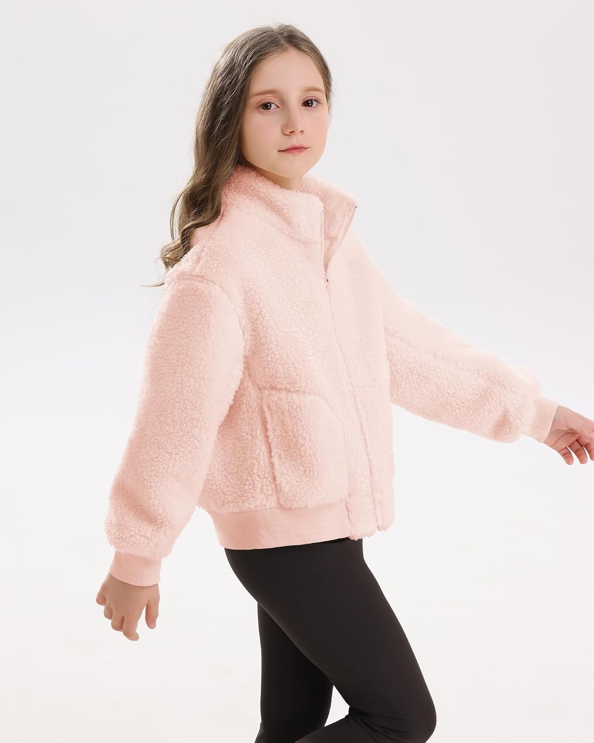 Stelle Girls Sherpa Jacket Fleece Coat Full Zip Outerwear with Pockets | Fuzzy, Fall, Winter, Durable, Warm, Soft, Stretchy, Wind Resistant, Stand-up Collar, Ribbed Elastic Cuffs, Kids Clothes(Pearl Pink)