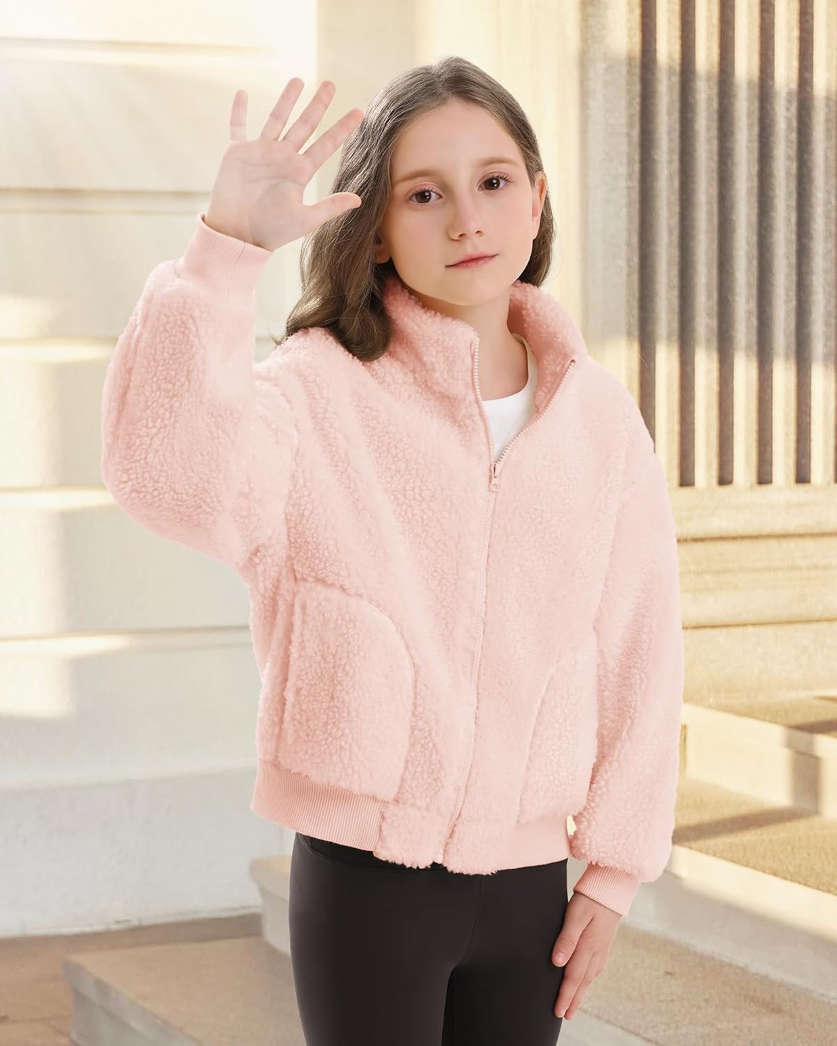 Stelle Girls Sherpa Jacket Fleece Coat Full Zip Outerwear with Pockets | Fuzzy, Fall, Winter, Durable, Warm, Soft, Stretchy, Wind Resistant, Stand-up Collar, Ribbed Elastic Cuffs, Kids Clothes(Pearl Pink)