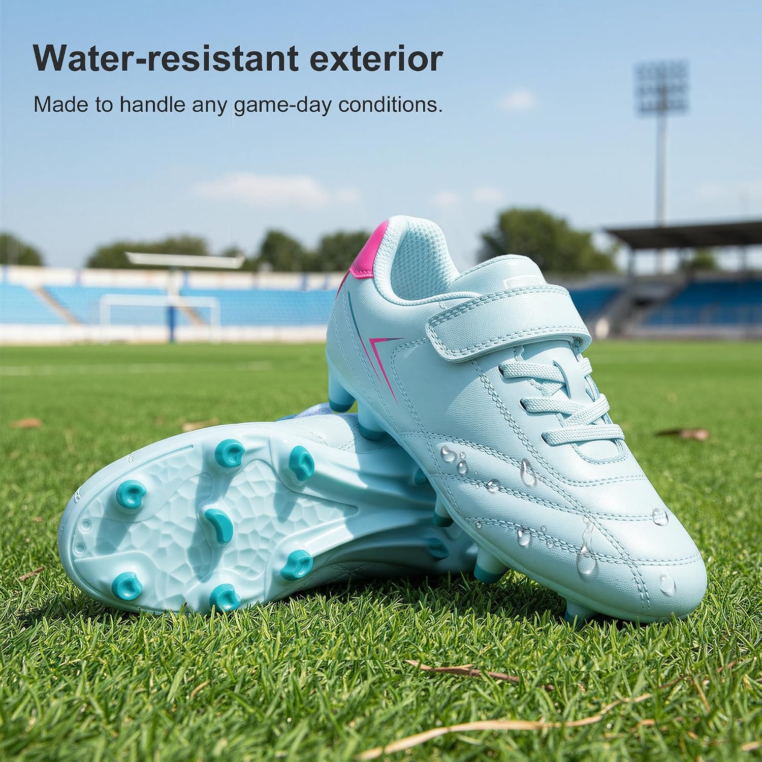 Stelle Girls Soccer Cleats for Kids Training Matches Outdoor Play | Firm Ground Lightweight Upper Lace-Up Fit Breathable Lining Cushioned Collar Baseball & Softball Little To Big Kids(Aqua)
