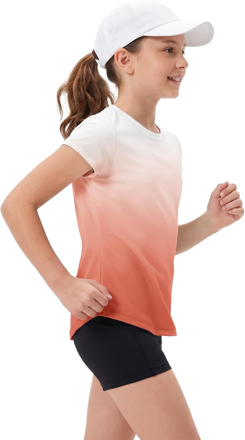 Stelle Girls Athletic Shirts Short Sleeve Running Dry Fit Tops Kids Teens(Coral)