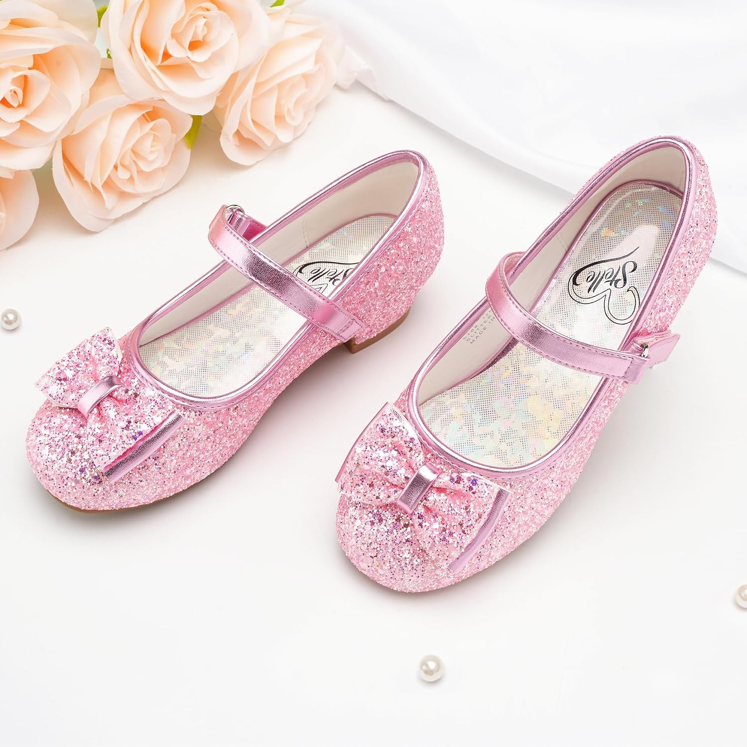 Stelle Girls Dress Shoes Glitter Princess Low Heels for Party Wedding Prom | Shiny glitter finish, Bowknot charms, 1 inch Low Heel, Cushioned comfort, Dress-up, Special occasions, Comfortable fit(T08-pink)
