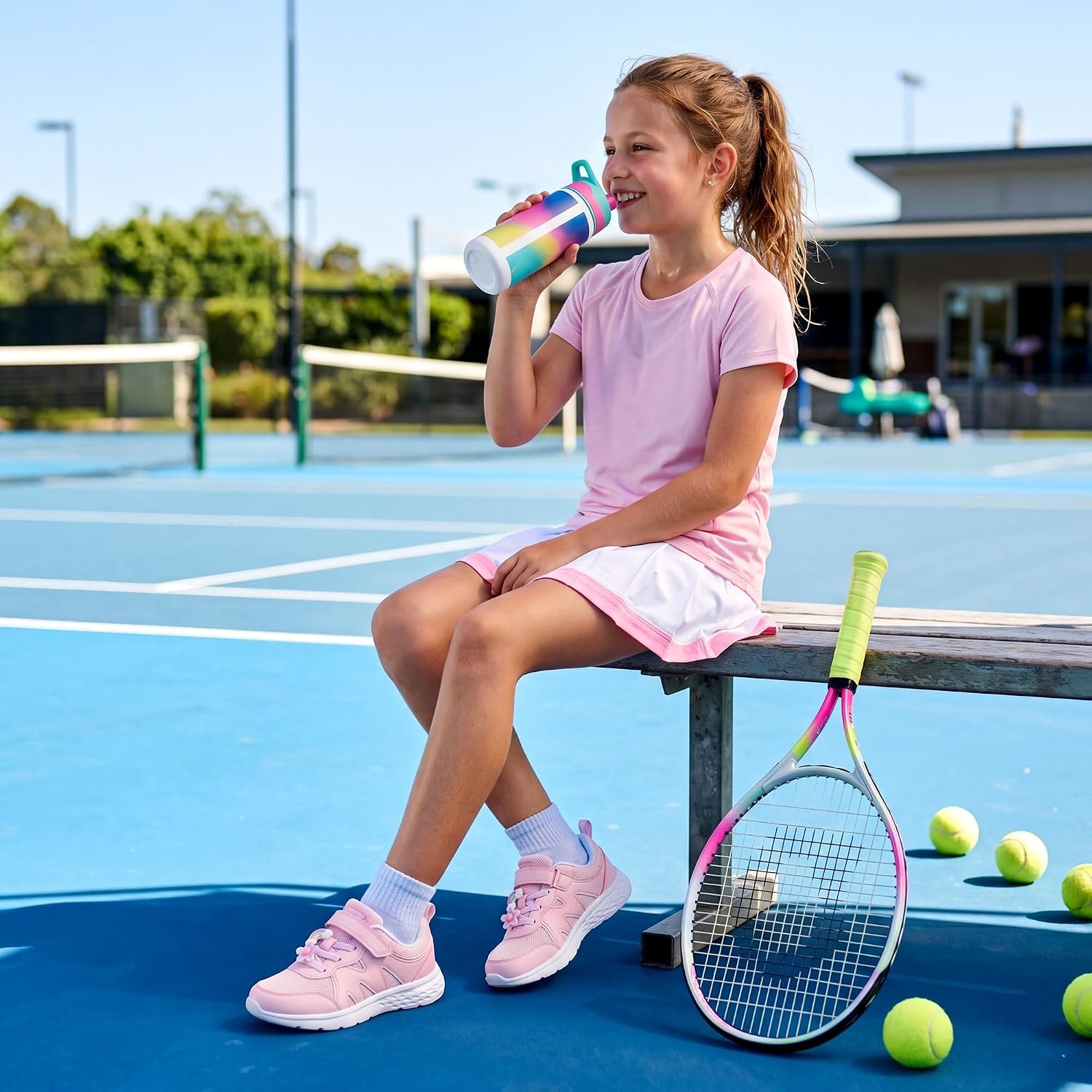Stelle Tennis Shoes for Girls Kids Sneakers | Non-Slip Sole Lightweight Breathable Athletic Sports Running Shoes for Toddler/Little Kid/Big Kid(Pink+charms)